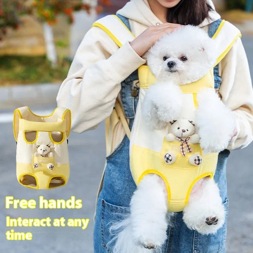 Cartoon cute chest bag pet carrier with animal pattern, soft canvas construction, and colourful stitching details