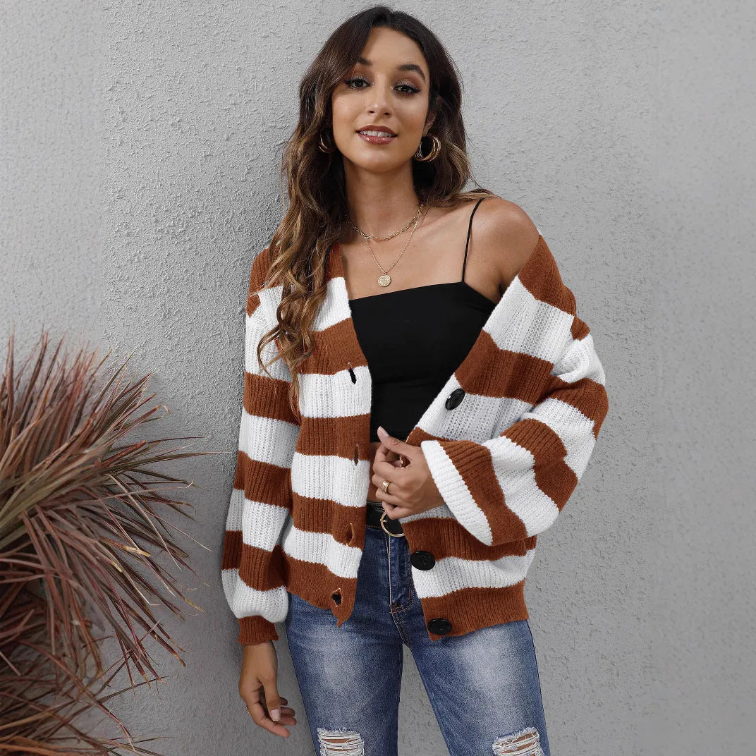 Women's striped cardigan sweater in deer plush fabric with button stitching detail