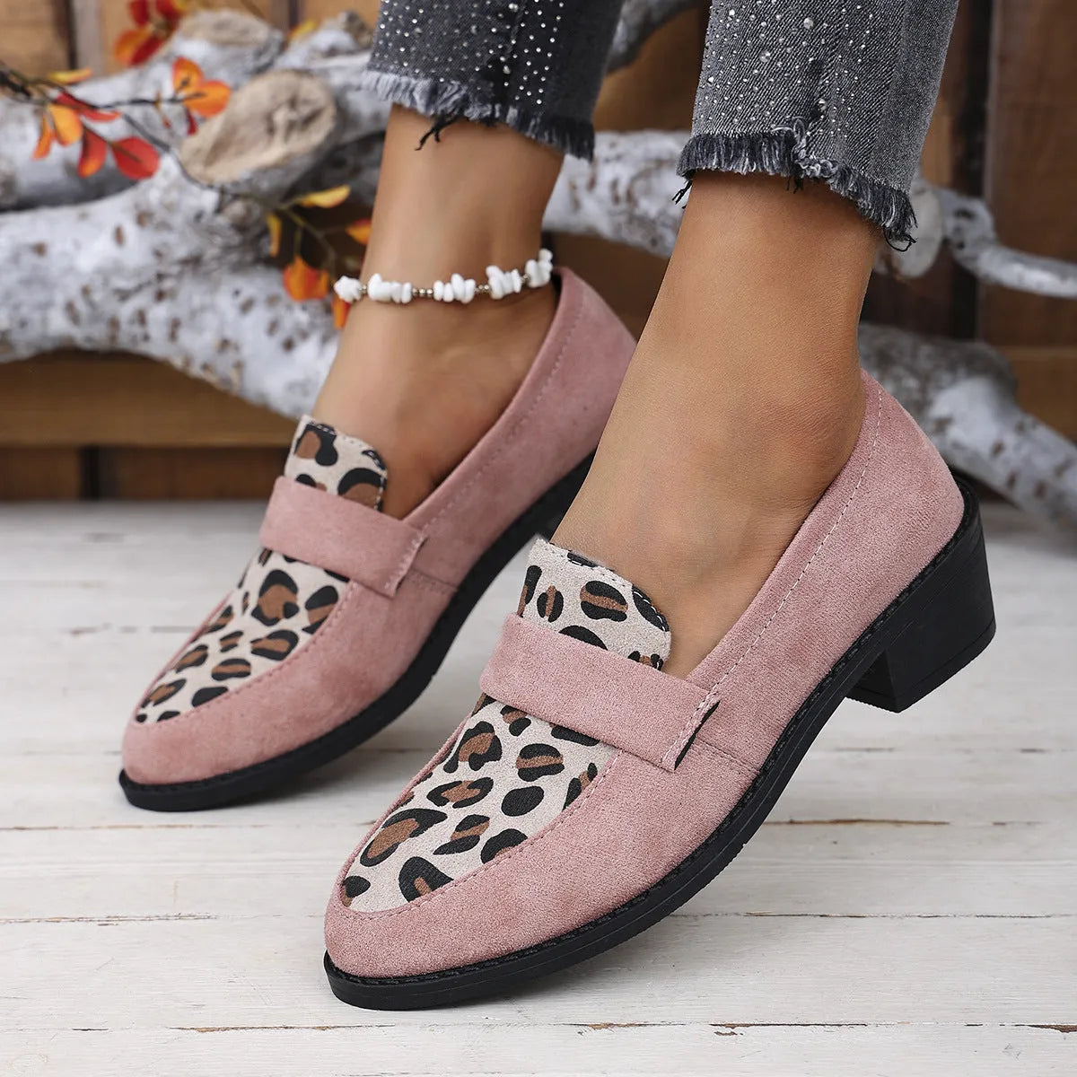 Women's leopard print suede slip-on shoes with chunky mid-heel and pointed toe in brown, pink, and khaki