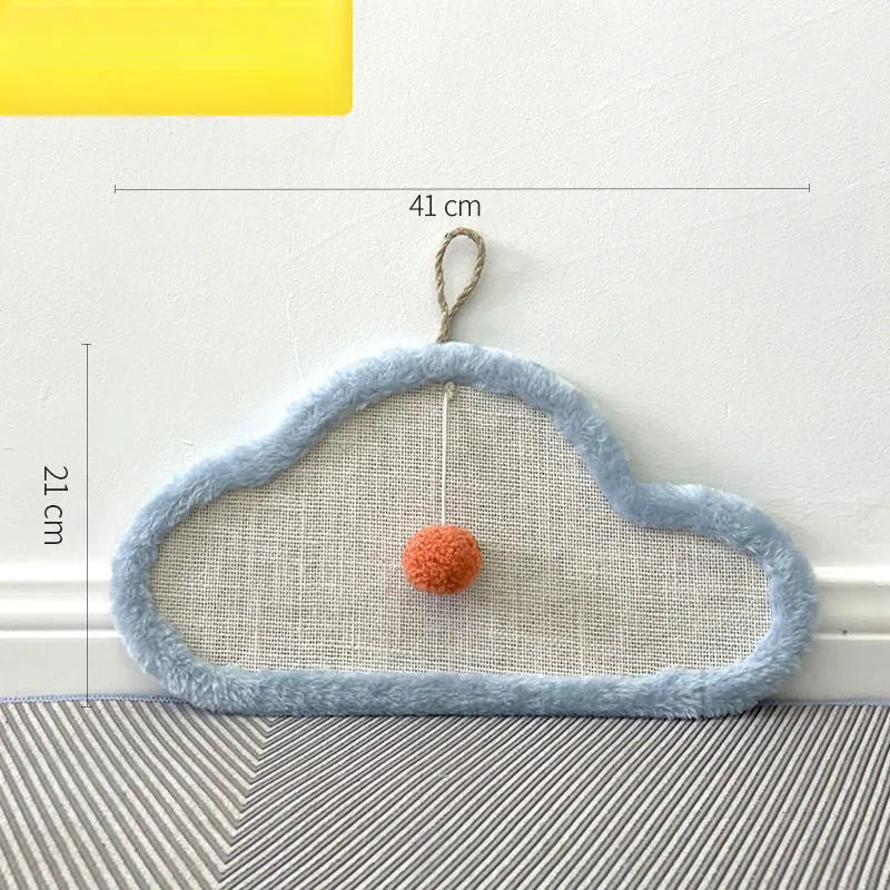 White wall-mounted cat scratching mat with cartoon sleeping cat design made from natural sisal.