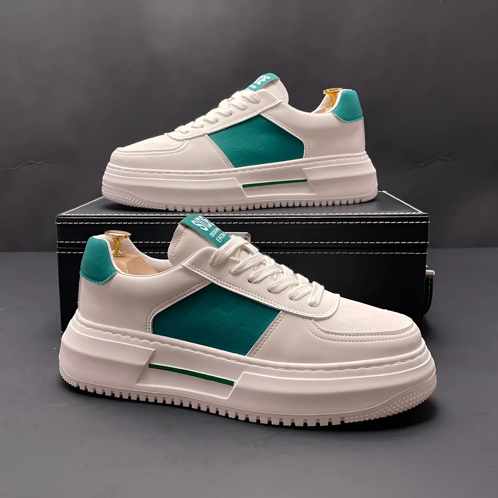 Unisex sports casual shoes with cloth upper and rubber foam sole in white, green, and black colours