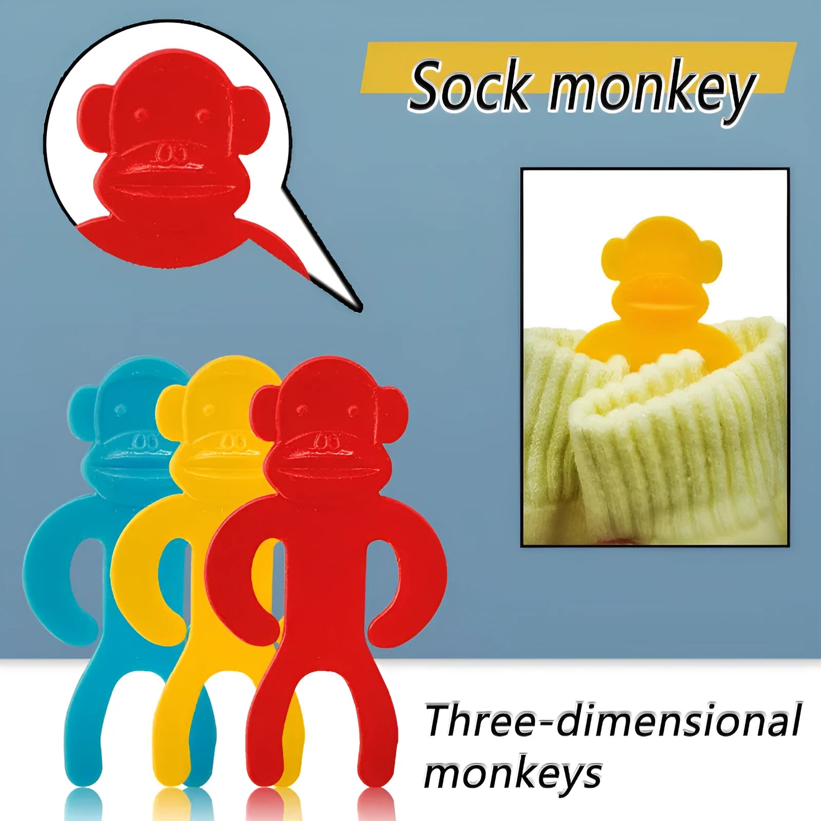 Plastic socks storage clip in blue, red, and yellow colours for machine washing.