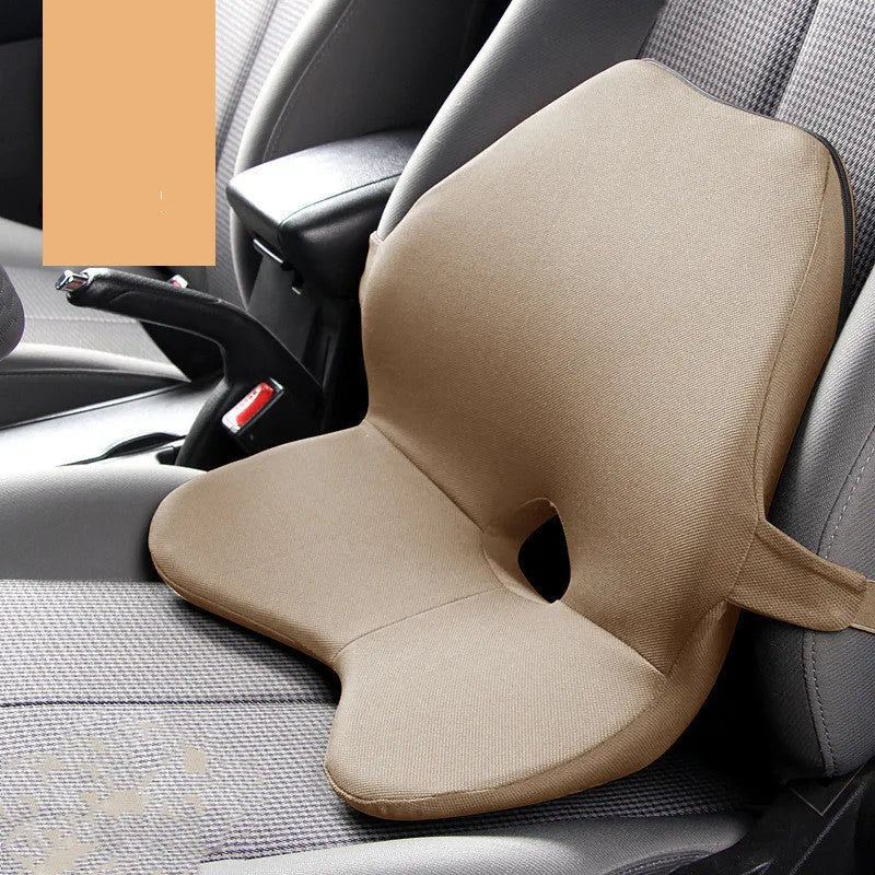 Memory foam car seat cushion set showing waist pad and headrest in neutral colours