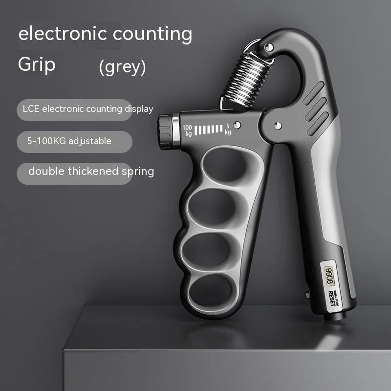Electronic spring grip with digital counter in orange, red, or grey for fitness training.