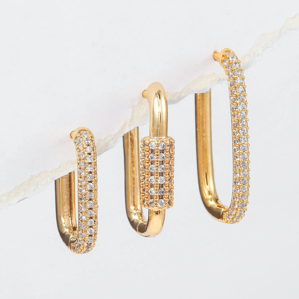 Three geometric zircon ear clips with square design in gold and white colour options