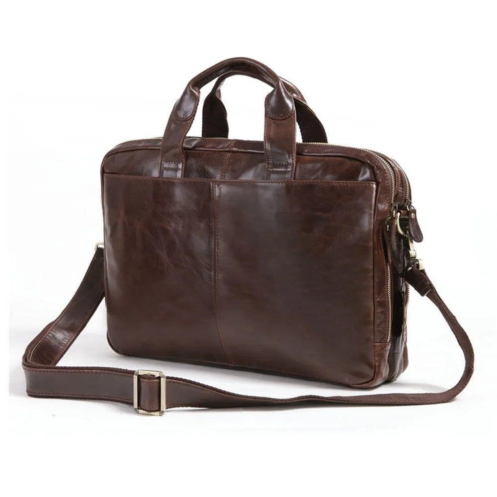 Brown leather men's business briefcase with 18 inch capacity and visible cowhide patterning