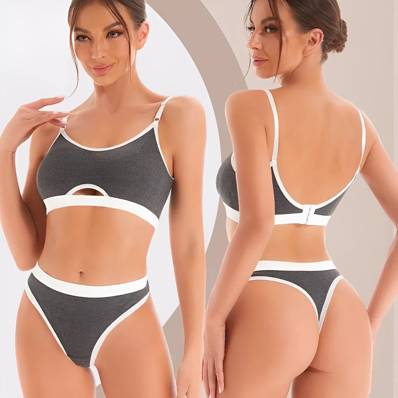 Women's contrast colour sports bra and briefs set with underwired tube top and thin moulded cups.