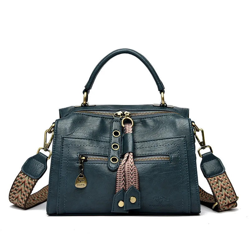 Retro style soft PU women's crossbody bag in a horizontal square shape with a sandwich pocket.