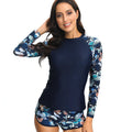 Women's floral print long sleeve wetsuit top with matching shorts for snorkelling and surfing