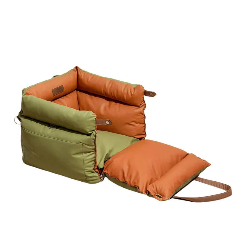 Green waterproof PU leather dog car nest with removable bed, showing 55x50x45cm dimensions.