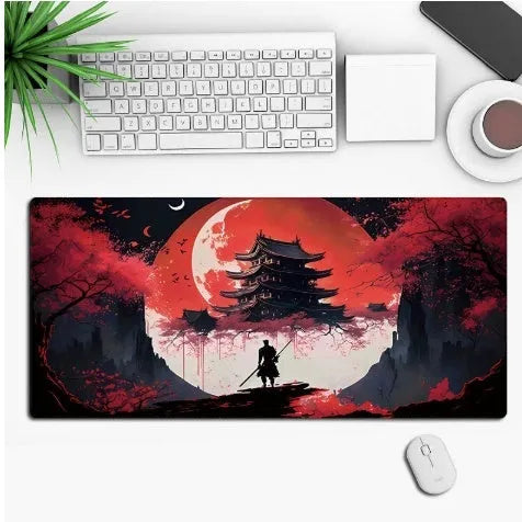 Anime-themed gaming mouse pad on a desk, showing non-slip rubber base and printed cloth surface.