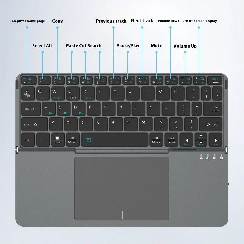 Grey wireless Bluetooth folding keyboard for mobile phones and tablets showing folded and unfolded positions