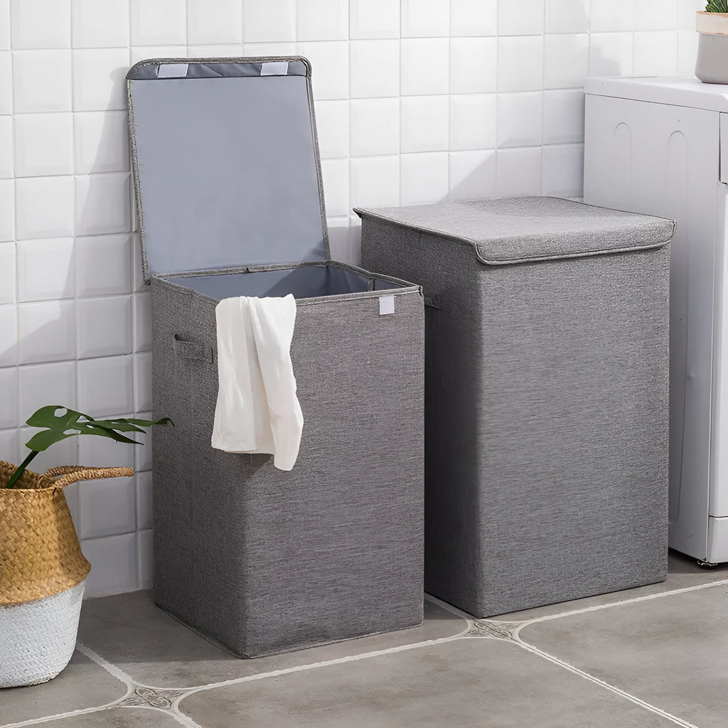 Foldable cotton linen storage basket in grey, khaki or brown in medium or large size