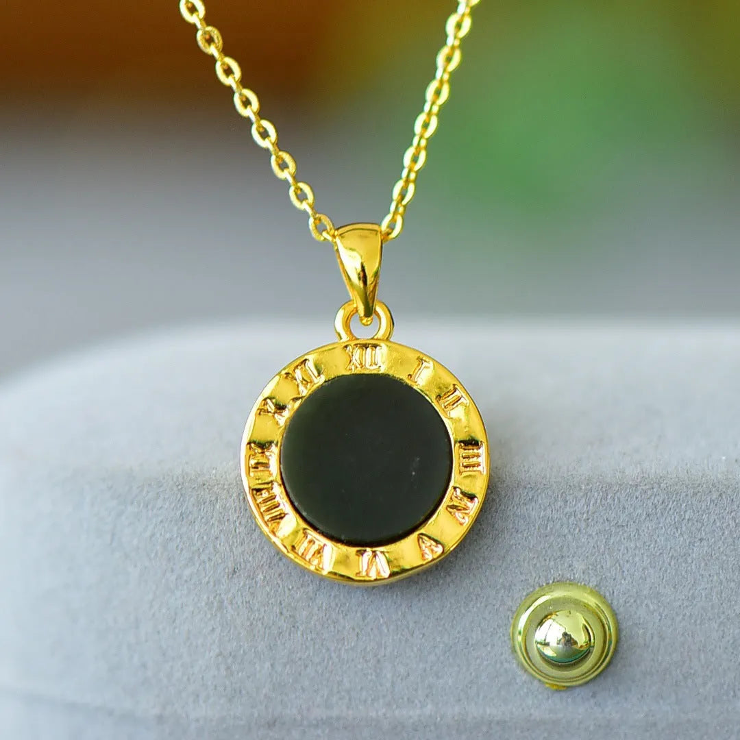 Flat grey Hetian jade pendant with copper wire inlay on an 18-inch chain.