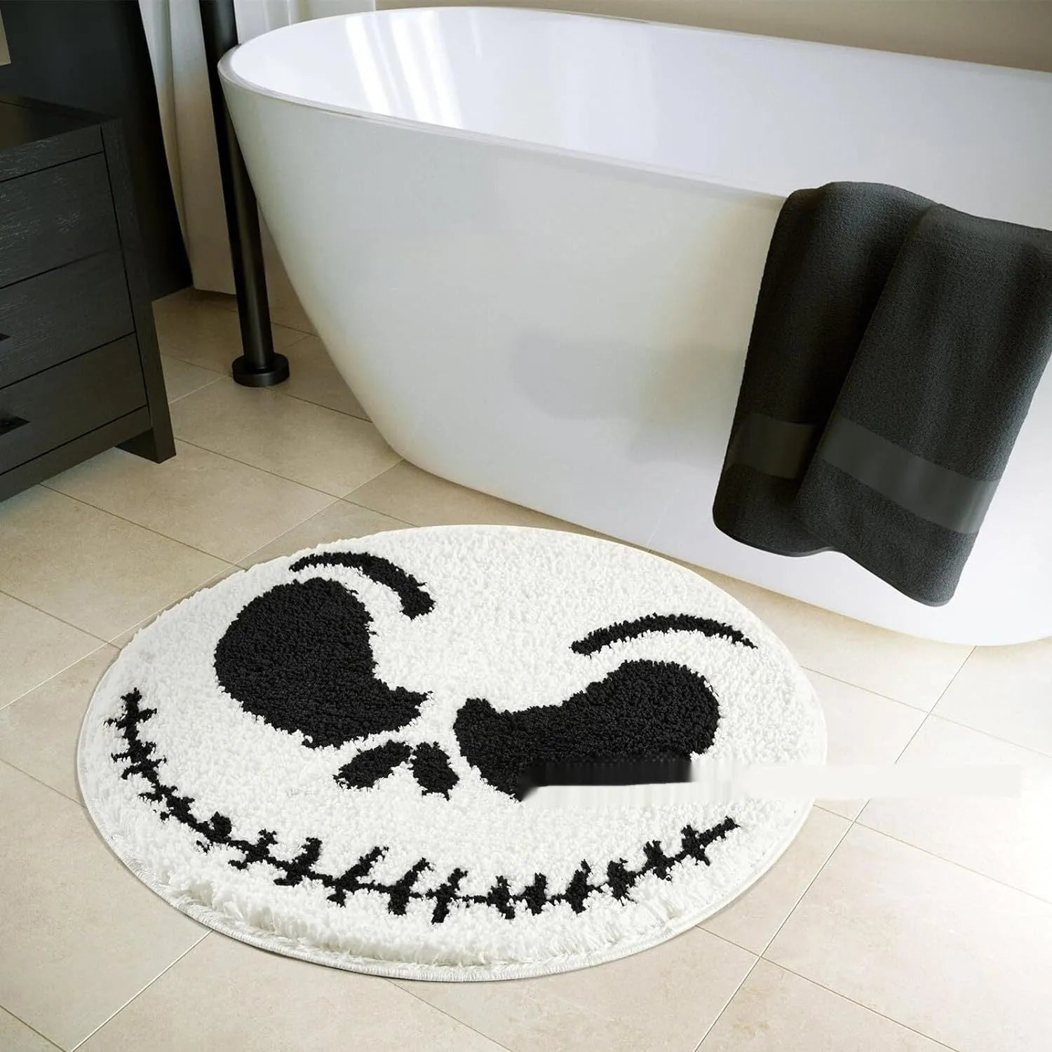 Christmas round pad polyester carpet mat in festive printed design on floor.