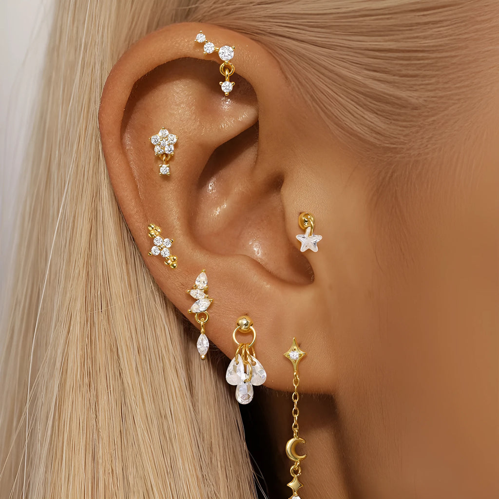 S925 sterling silver geometric moon and star earrings with embedded diamond detailing in gold tone finish