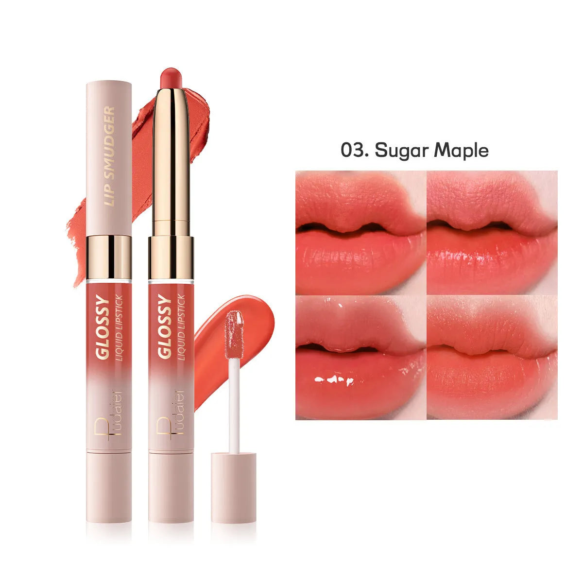 Double-headed lipstick lip gloss with matte finish showing 10 different colour options numbered 01 through 10