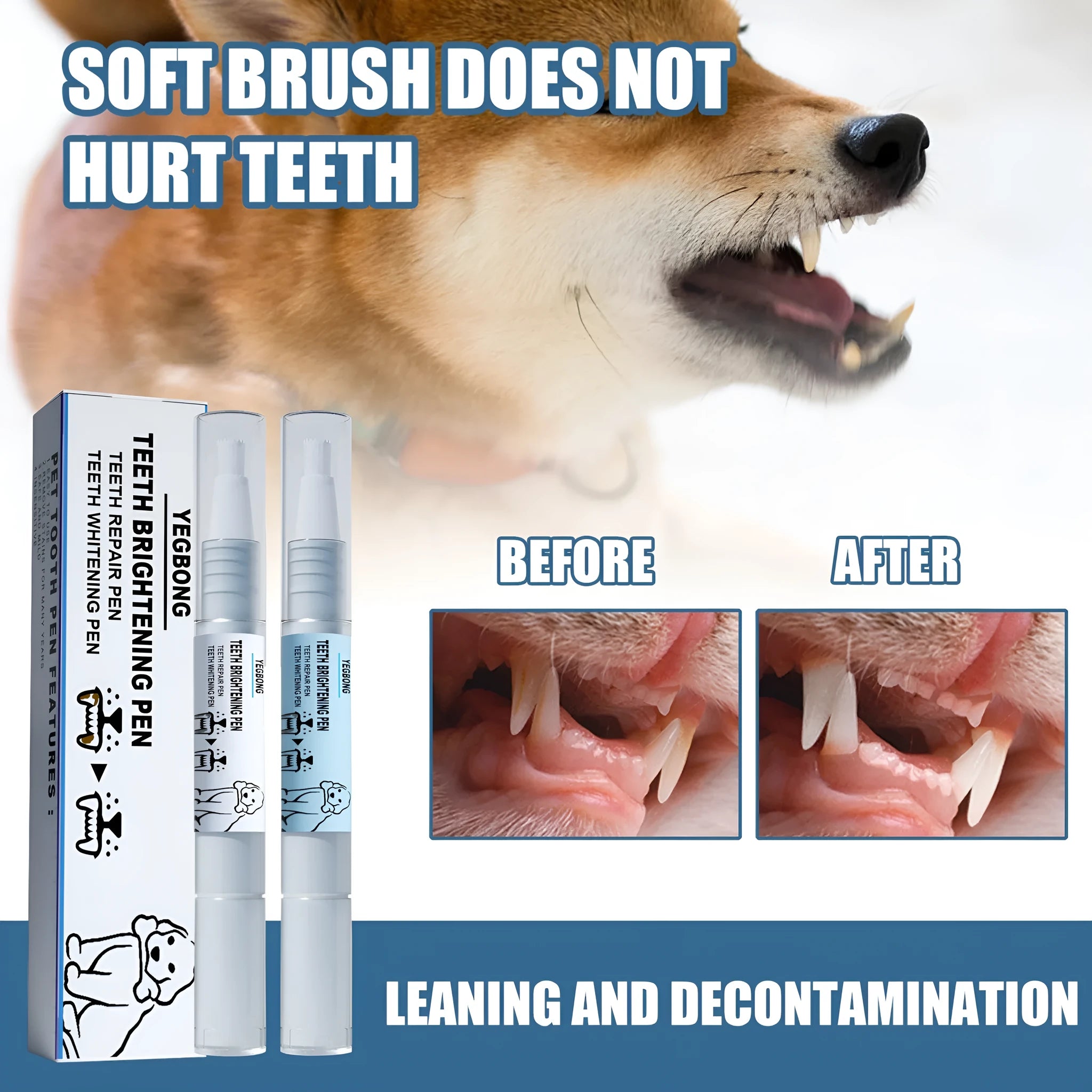 Yegbong pet teeth whitening pen for dogs and cats with dental brushes, showing dual-chamber 3ml+3ml design