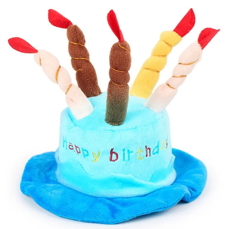 Blue or pink felt dog birthday hat for small to medium sized dogs, approximately 21cm by 15cm