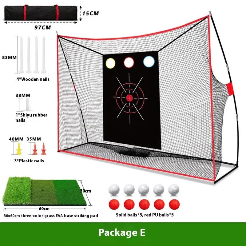 Golf wedge training net with 3-hole cross design, straw practice mat, tees, and practice balls