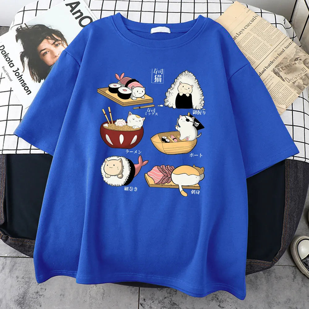 Men's black cotton T-shirt with printed cat sushi cartoon design, short sleeves, loose fit