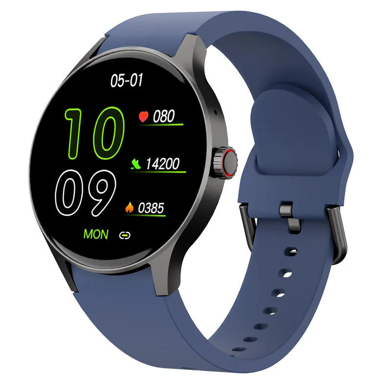 Black Bluetooth sport watch with round touch screen on wrist showing notification display
