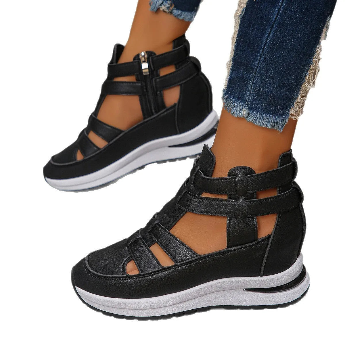 Women's black close-toed platform sandals with Velcro strap and hollow-out design.