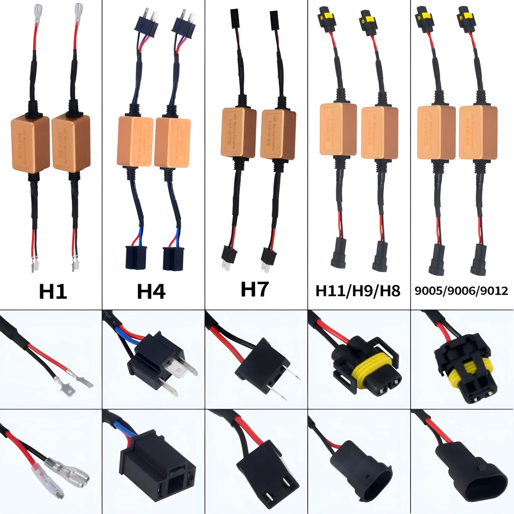 Black alloy LED Canbus decoder for H4 H7 H11 car headlight bulbs on a white background.
