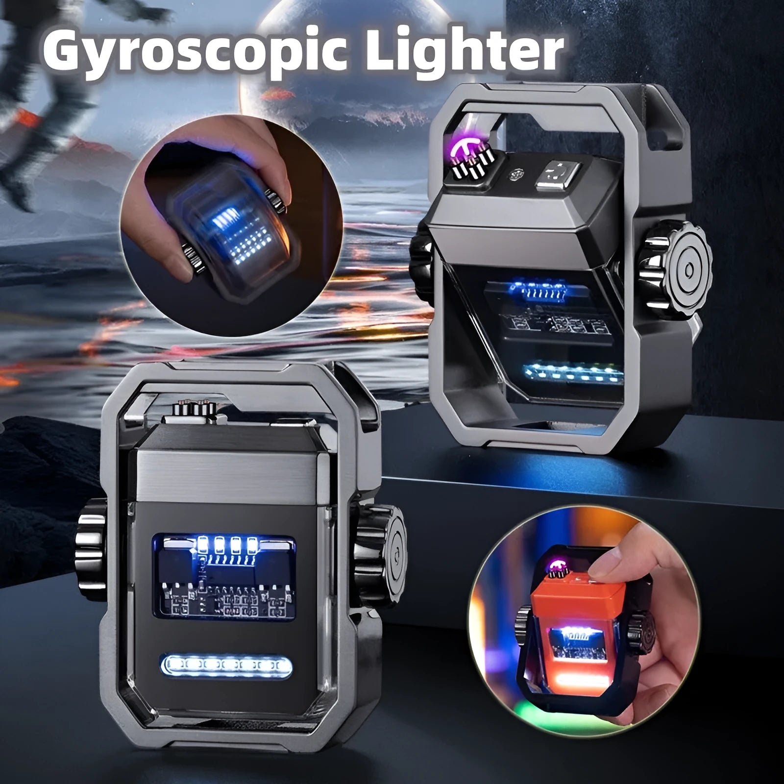 Blue double arc electric lighter with mechanical rotary gyroscope and Type-C charging port