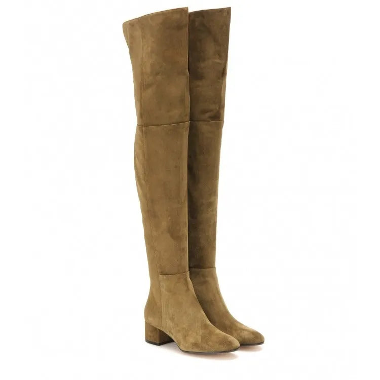 Grey suede women's over the knee flat boots with a pointed toe and low block heel on a neutral background.