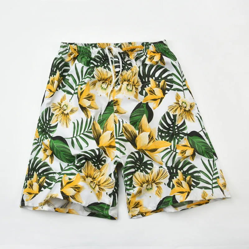 Men's floral printed five-point swimming trunks in free size made of polyester