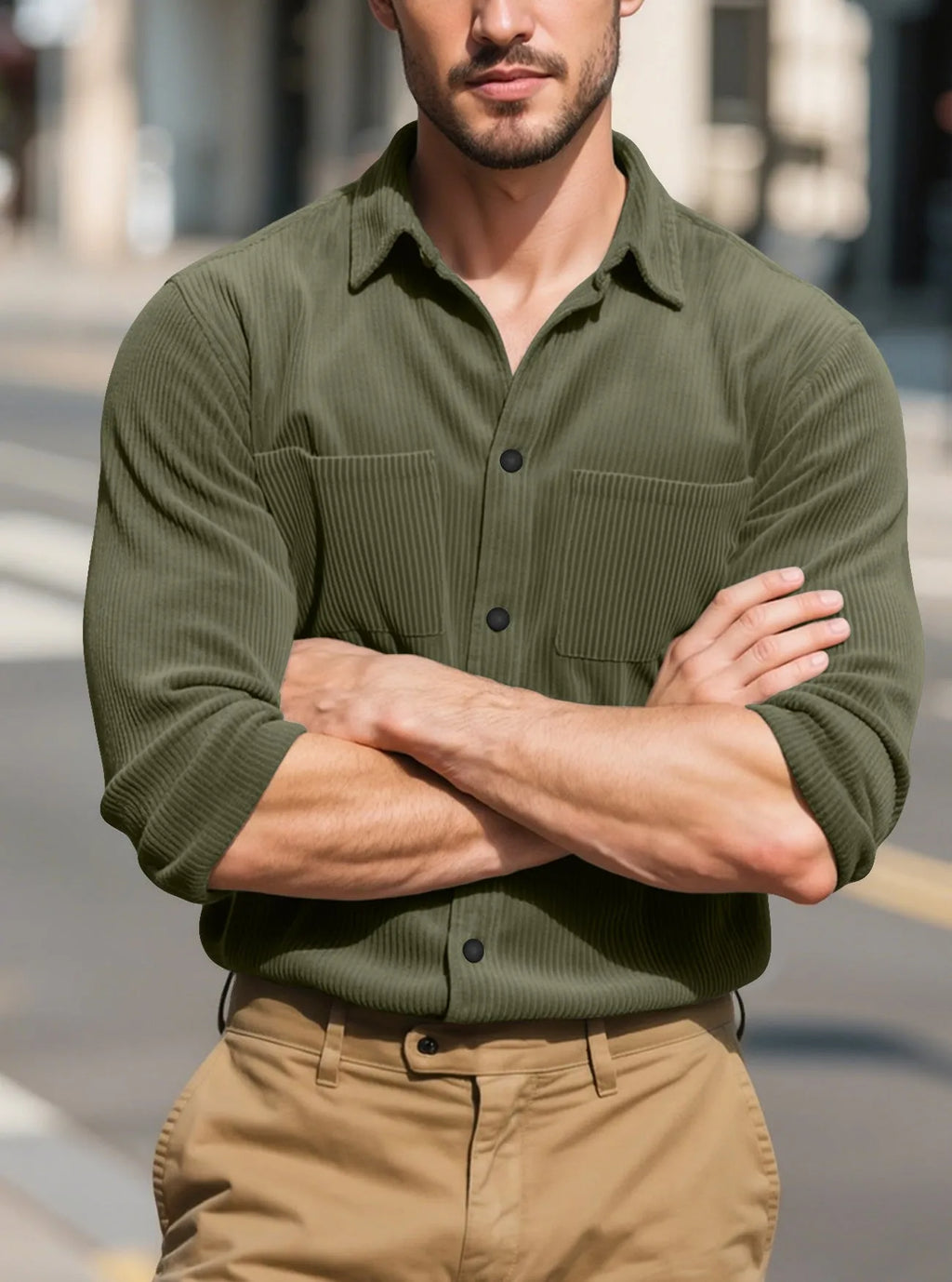 Men's slim-fit corduroy lapel jacket in dark gray, front view, long sleeves, polyester fabric