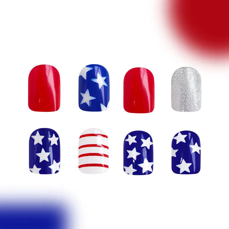 Red and blue glitter false nail tips with Independence Day theme in European Square shape