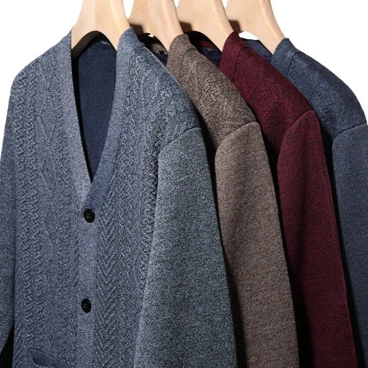 Men's striped cardigan sweater with wool lining in brown colour showing long sleeves and button front