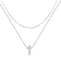 S925 sterling silver double layer geometric cross pendant with twin diamond patterns on clavicle chain