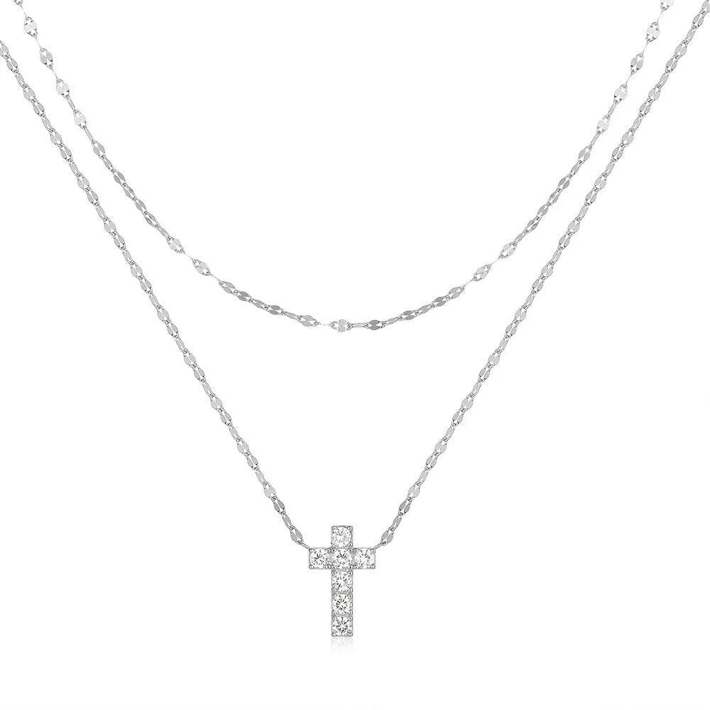 S925 sterling silver double layer geometric cross pendant with twin diamond patterns on clavicle chain