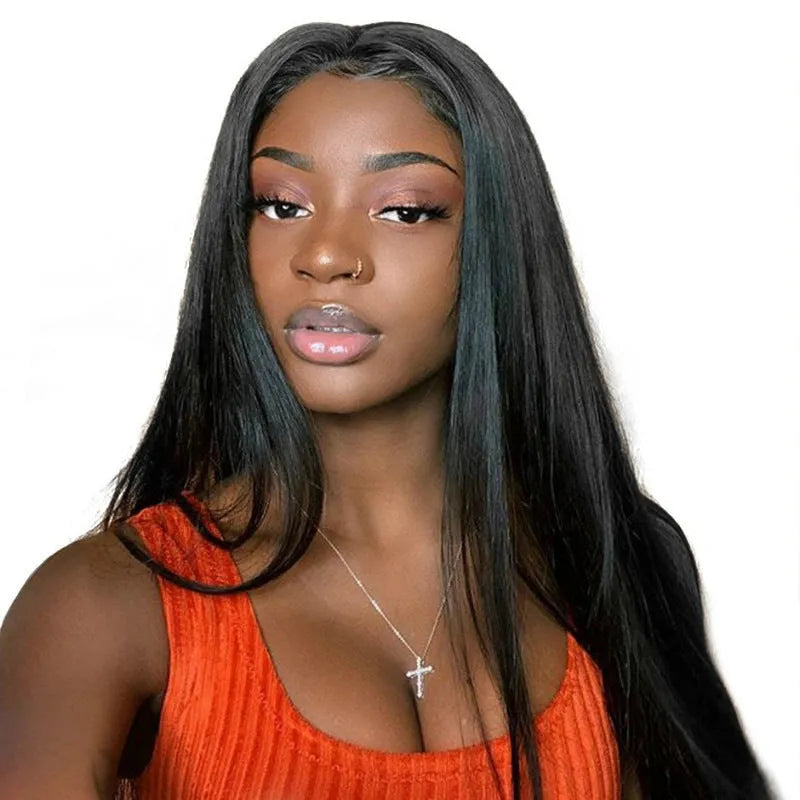 Long straight synthetic wig with centre-parted bangs in black colour