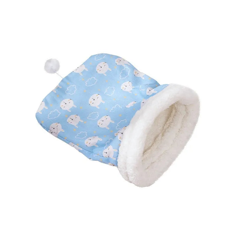 Blue rabbit design and pink trojan design cat sleeping bag nests, each measuring 50cm by 40cm