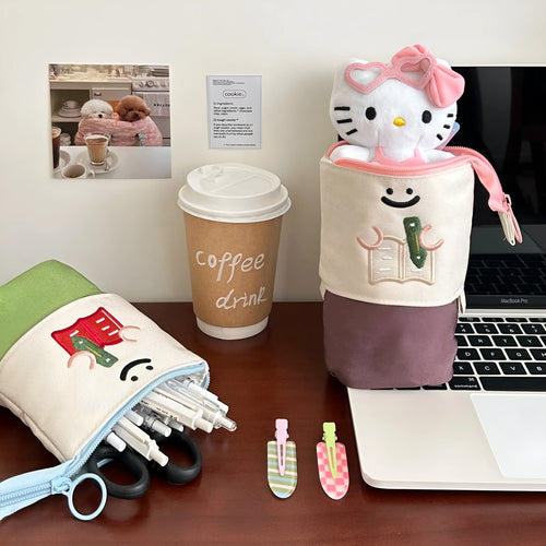 Cartoon Korean style collapsible pencil case in Oxford fabric showing brown and green colour options