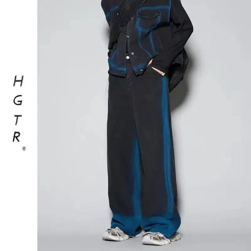 Blue distressed denim fleece-lined vest and jeans two-piece set with a spray colour gradient effect.