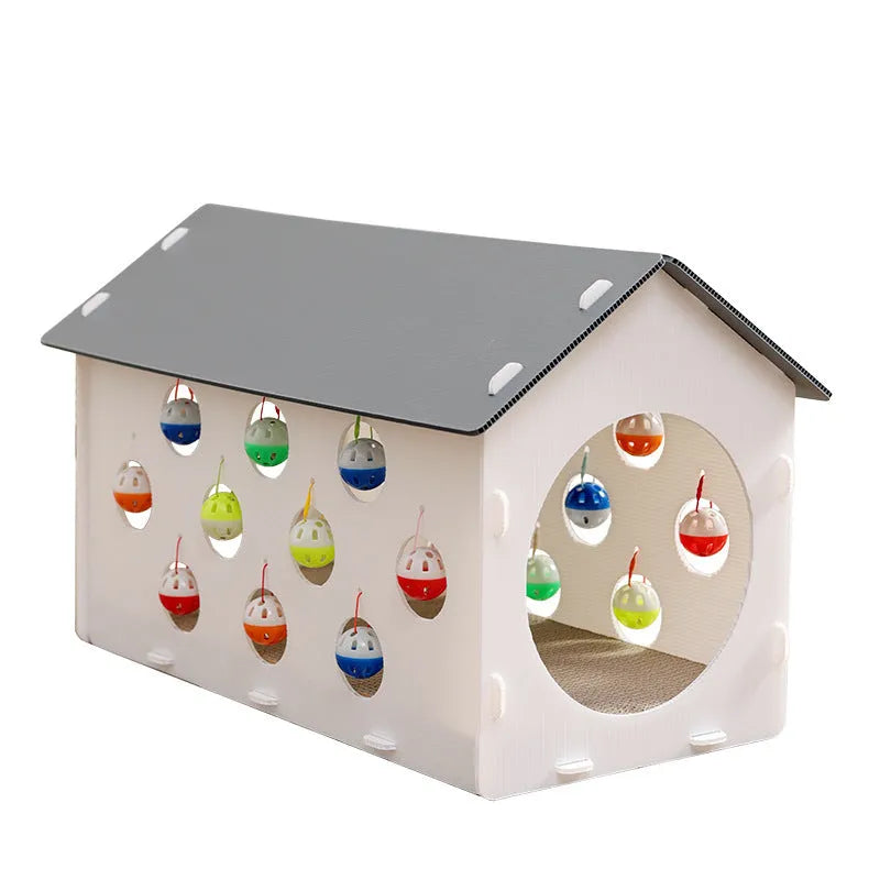 Plastic cat scratch board integrated with cosy nest and tunnel containing bell ball