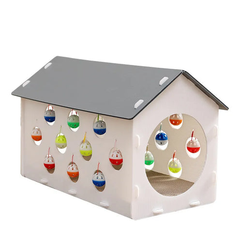 Plastic cat scratch board integrated with cosy nest and tunnel containing bell ball