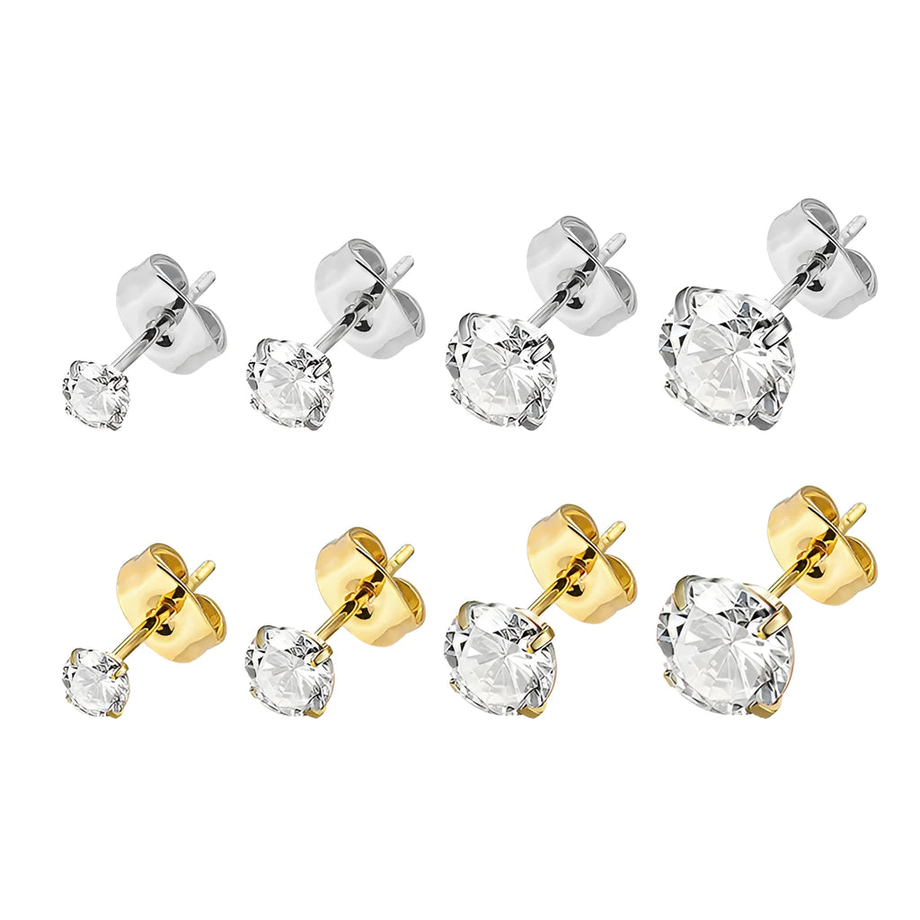 Geometric square zircon stud earrings in stainless steel with steel colour and gold plating options