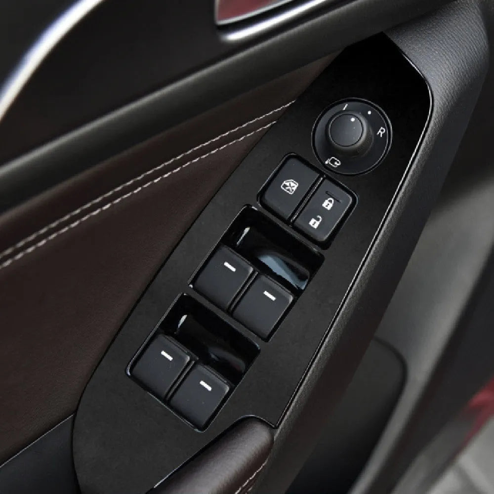 Four TPU protective films for car door control panels on a white background.