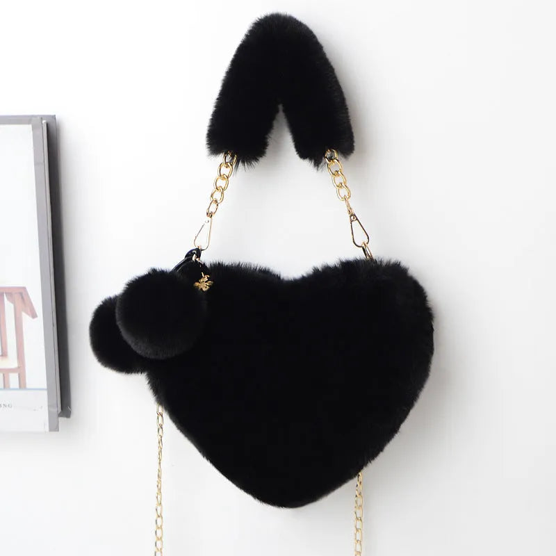 Soft plush heart-shaped women's handbag with zipper closure in various colours