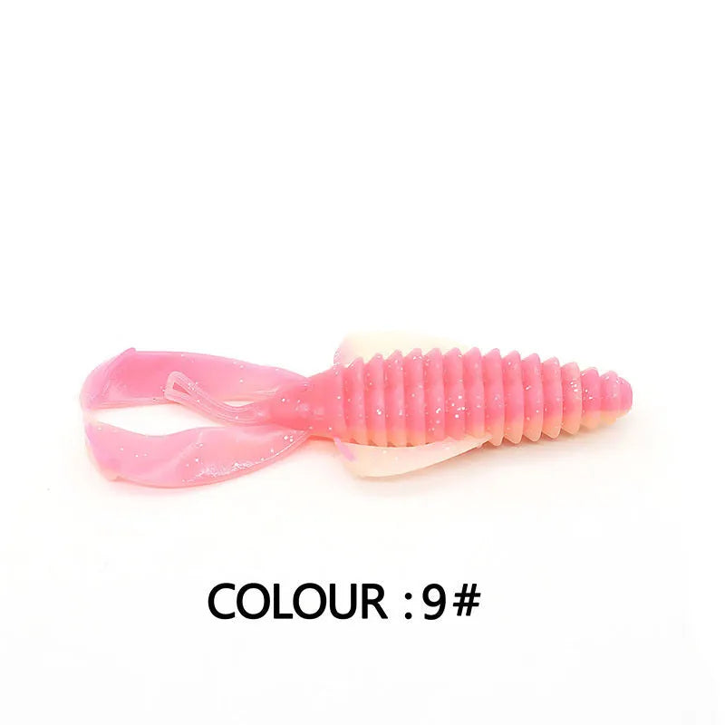 PVC soft plastic fishing lure in two sizes: a smaller 8cm and a larger 12cm model, shown in a selection of colour variations.