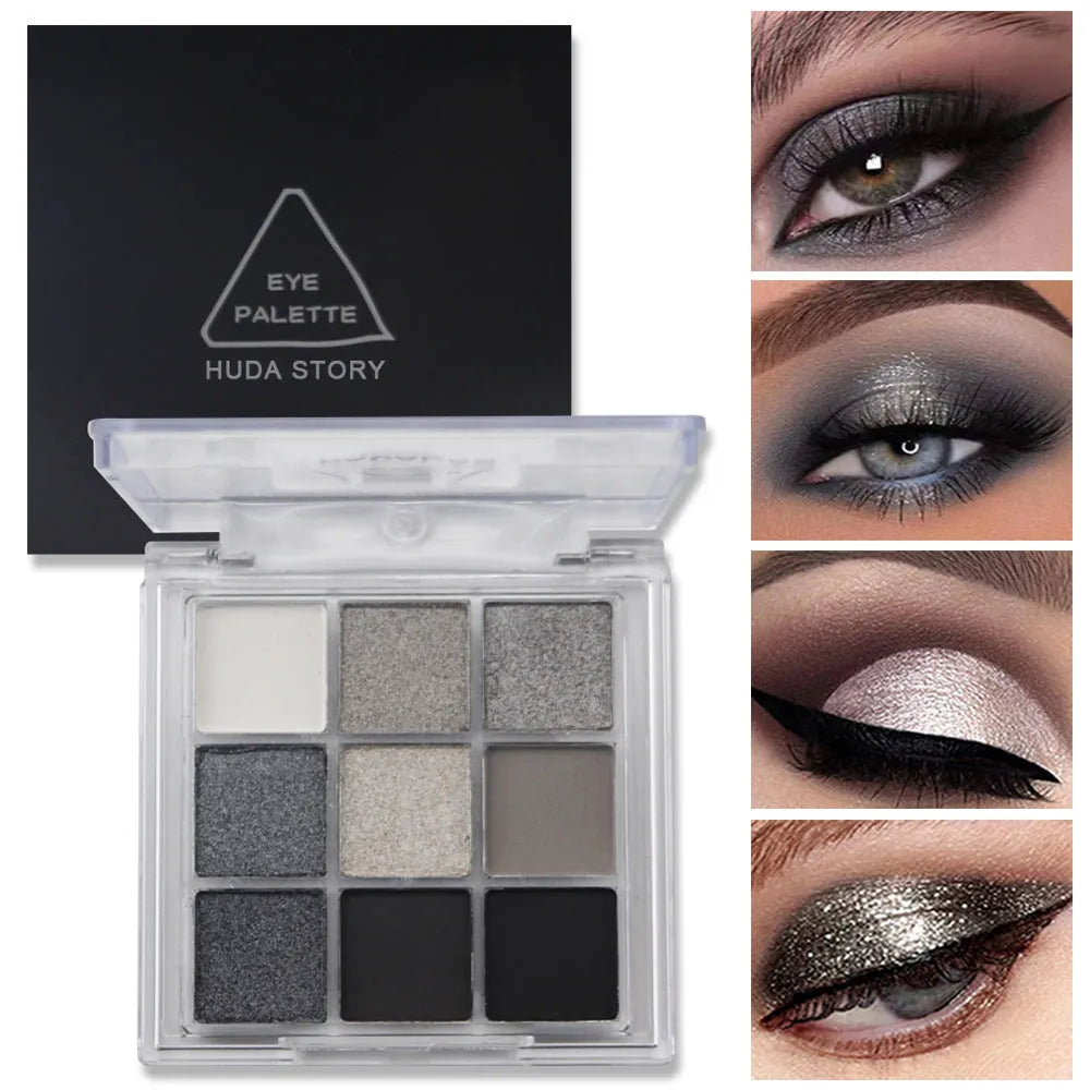 Smoked nine-colour eye shadow plate showing white, silver, black and iron grey pressed powder shades