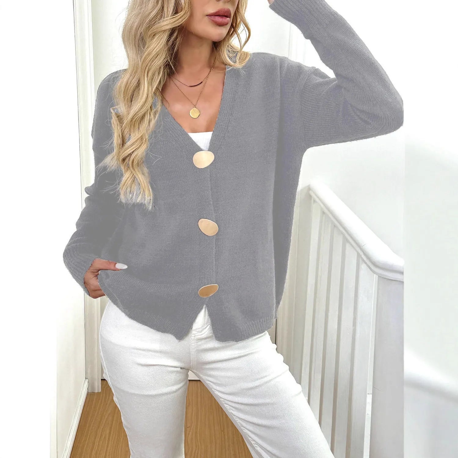 Grey deer plush women's long sleeve coat with princess sleeves and an irregular streetwear cut.