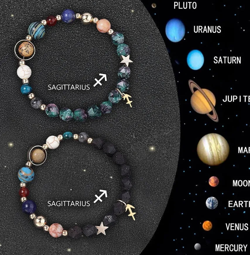 Set of two adjustable natural stone bracelets with zodiac sign charms on beige background