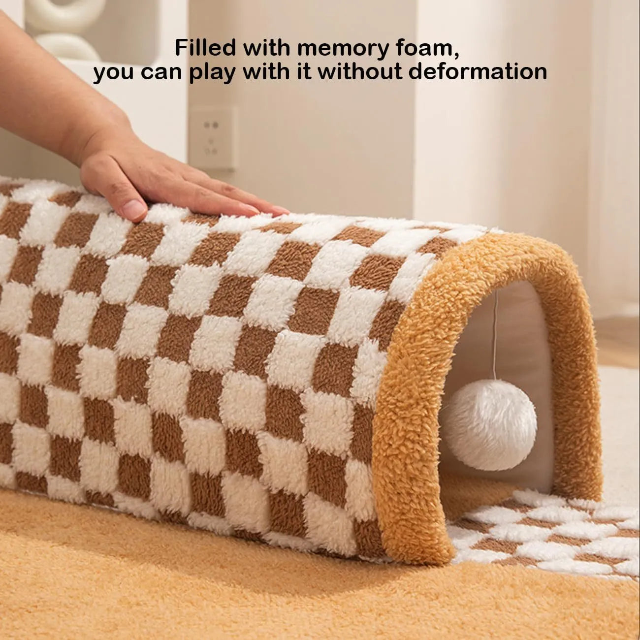 XL sized fan-shaped plush pet bed with a tunnel entrance and a thick sleeping mat, in a coffee colour with an anti-slip granular base.
